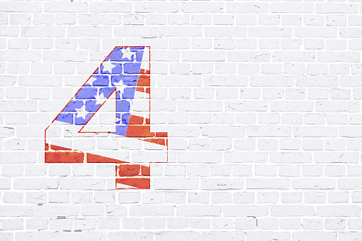 Vector illustration of painted USA flag on a horizontal vector brick wall. Apt for use as wallpapers, posters, backdrops, banners, greeting cards templates or patriotic t shirt designs for US Independence Day, 4th of July. There is No people and no text and ample copy space.