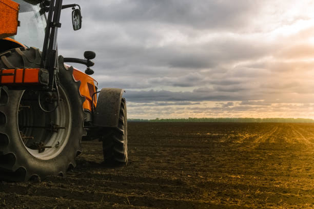 um trator no campo no fundo de terra não cultivada. copie o espaço. - husbandry - fotografias e filmes do acervo