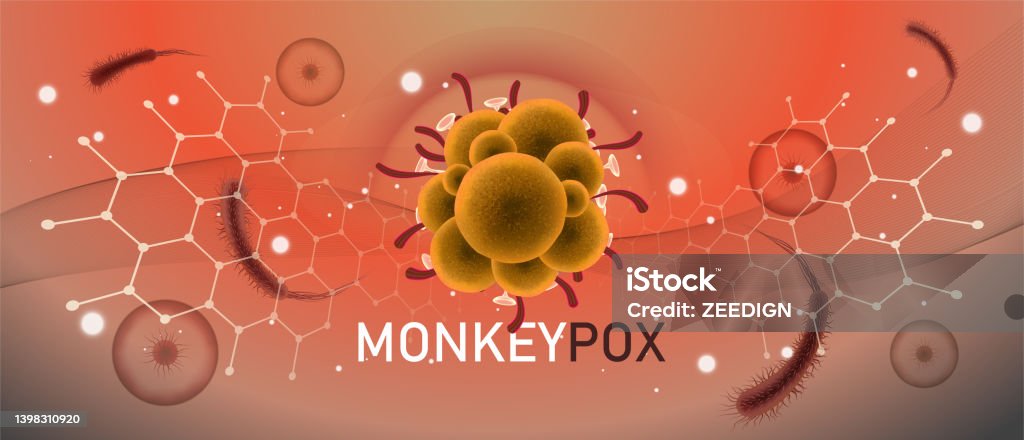 Monkeypox virus pandemic design with  microscopic view background. Monkey Pox outbreak. Vector Illustration. Monkeypox virus banner for awareness and alert against disease spread, symptoms or precautions. Monkey Pox virus outbreak pandemic design with  microscopic view background. Monkeypox stock vector