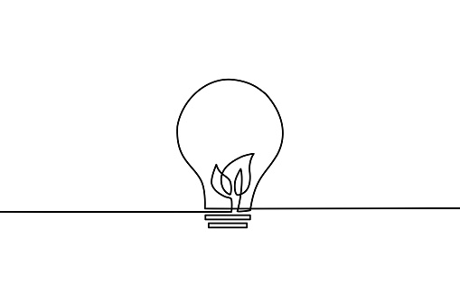 continuous line drawing of Light bulb with leaf on white background.