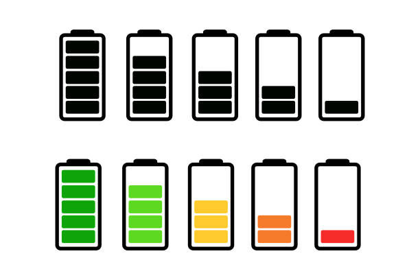 illustrazioni stock, clip art, cartoni animati e icone di tendenza di icona di carica della batteria impostata su sfondo bianco. - batteria fornitura di energia