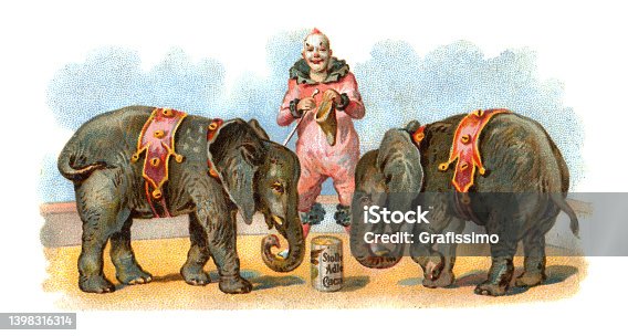 istock Clown in circus with elephant art nouveau illustration 1398316314