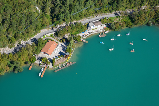 Aerial photograph of a jetty at Lago di Barcis in the province of Pordenone, Italy