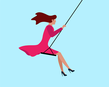 Swinging cute woman in pink dress. Happy beautiful girl relaxing and riding on swing. Female self care and slow life concept. Take break vector illustration