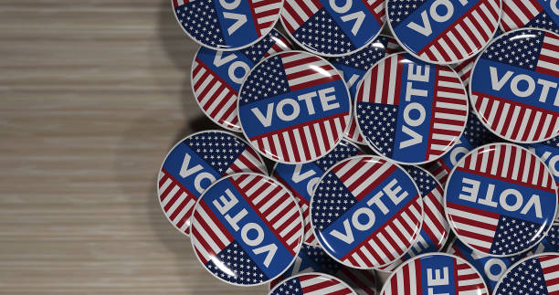 istock 3d pin stack illustration for United States presidential election, flat lay angle. 1398318016