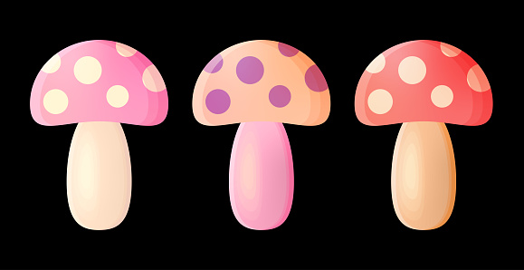 Mushrooms vector illustration set. Collection of colorful dotted mushrooms icons, isolated on a black background.