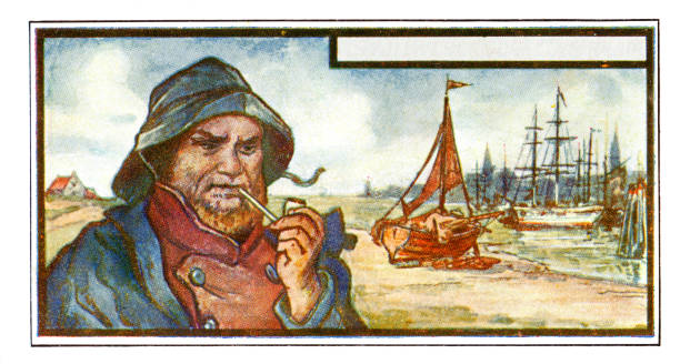 рыбак курит трубку на пляже в стиле модерн иллюстрация - working illustration and painting engraving occupation stock illustrations