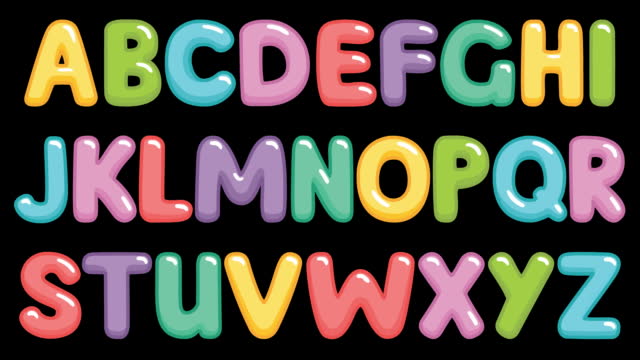 Animated funny children font with color letters. Bright vector illustration. Video of colorful alphabet on a black background.