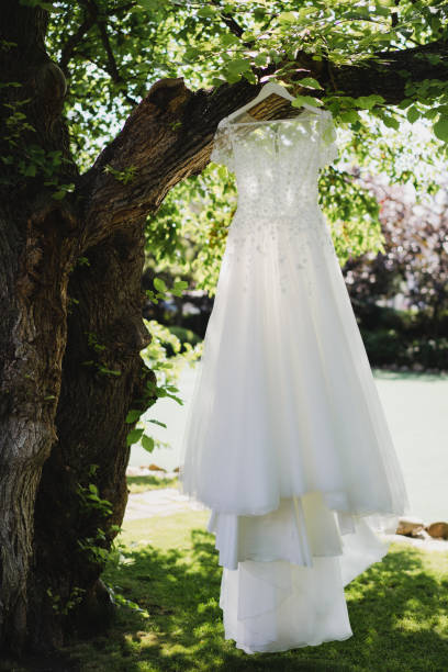 istock White wedding dress hanging on a tree outdoors in the garden. 1398321465