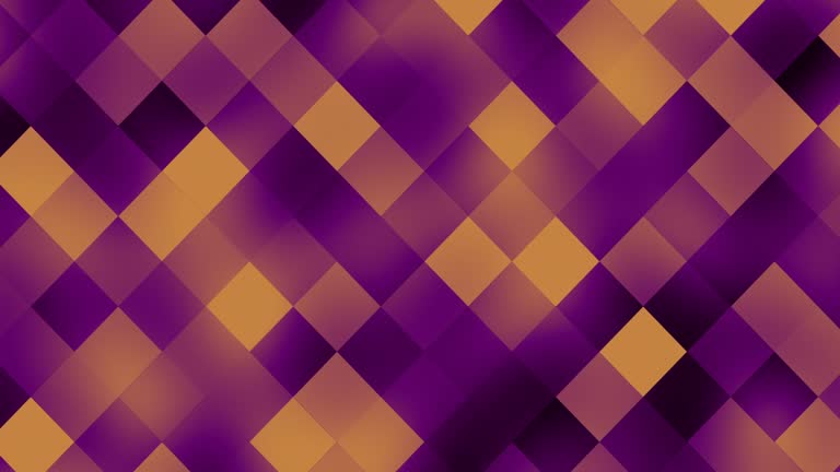 Moving animated abstract background with shimmering purple-black-yellow squares. Blinking squares in diagonal lines. Perfect for a design of creative projects and art spaces