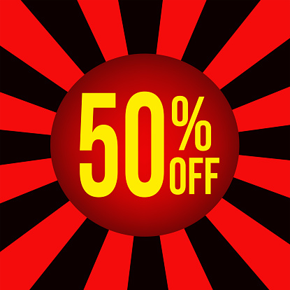 50 percent off. big sale. Red balloon with red and black background.