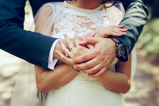 Hands of bride and groom on their wedding day