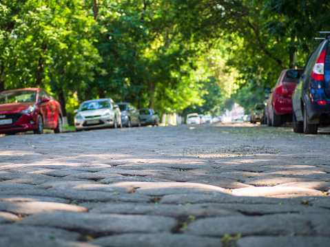 View of the city street covered with cobblestones and parked cars in the shade of trees. An old paved street on a sunny summer day 