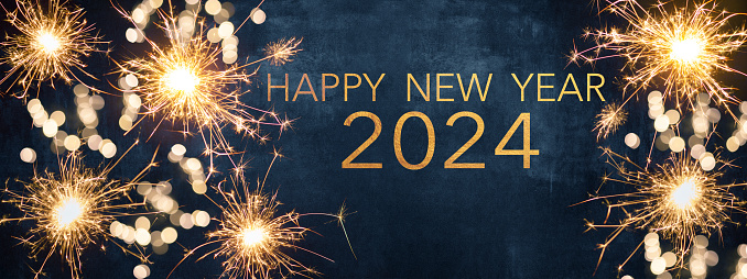 HAPPY NEW YEAR 2024 / New Year's Eve Party background greeting card  - Sparklers and bokeh lights, on dark blue night sky