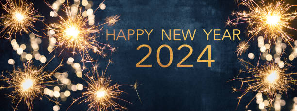 HAPPY NEW YEAR 2024 / New Year's Eve Party background greeting card  - Sparklers and bokeh lights, on dark blue night sky HAPPY NEW YEAR 2024 / New Year's Eve Party background greeting card  - Sparklers and bokeh lights, on dark blue night sky 2024 stock pictures, royalty-free photos & images