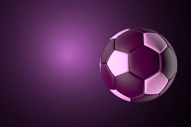 istock 3D Soccer ball on a black background in purple light 1398329532