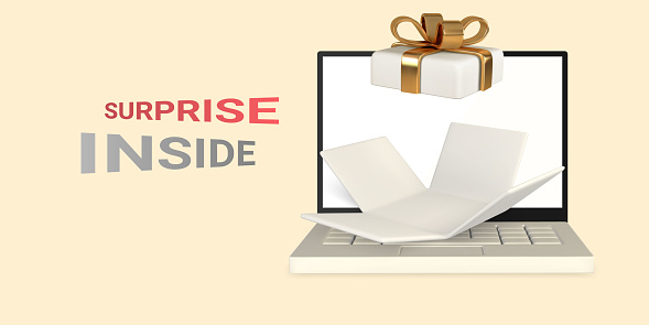 3d realistic laptop with open gift box on light background. Surprise inside. Vector illustration.