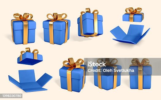 istock 3D realistic blue gift boxes with golden bow. Paper boxes with ribbon and shadow isolated on white background. Vector illustration 1398330780