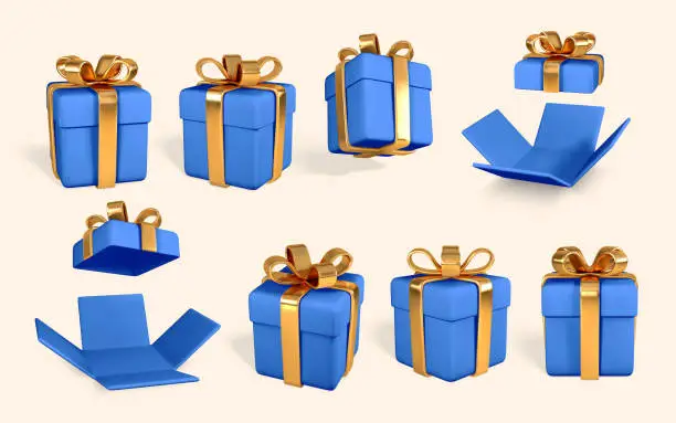 Vector illustration of 3D realistic blue gift boxes with golden bow. Paper boxes with ribbon and shadow isolated on white background. Vector illustration