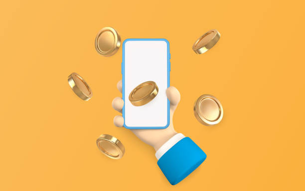 istock Cartoon character hand with smart phone and flying gold coins. Vector illustration 1398332159