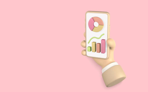 istock 3D Cute cartoon character hand holding mobile smart phone with market trend graphs and business analysis. Infographic and statistics. Business graph. Vector illustration 1398332313