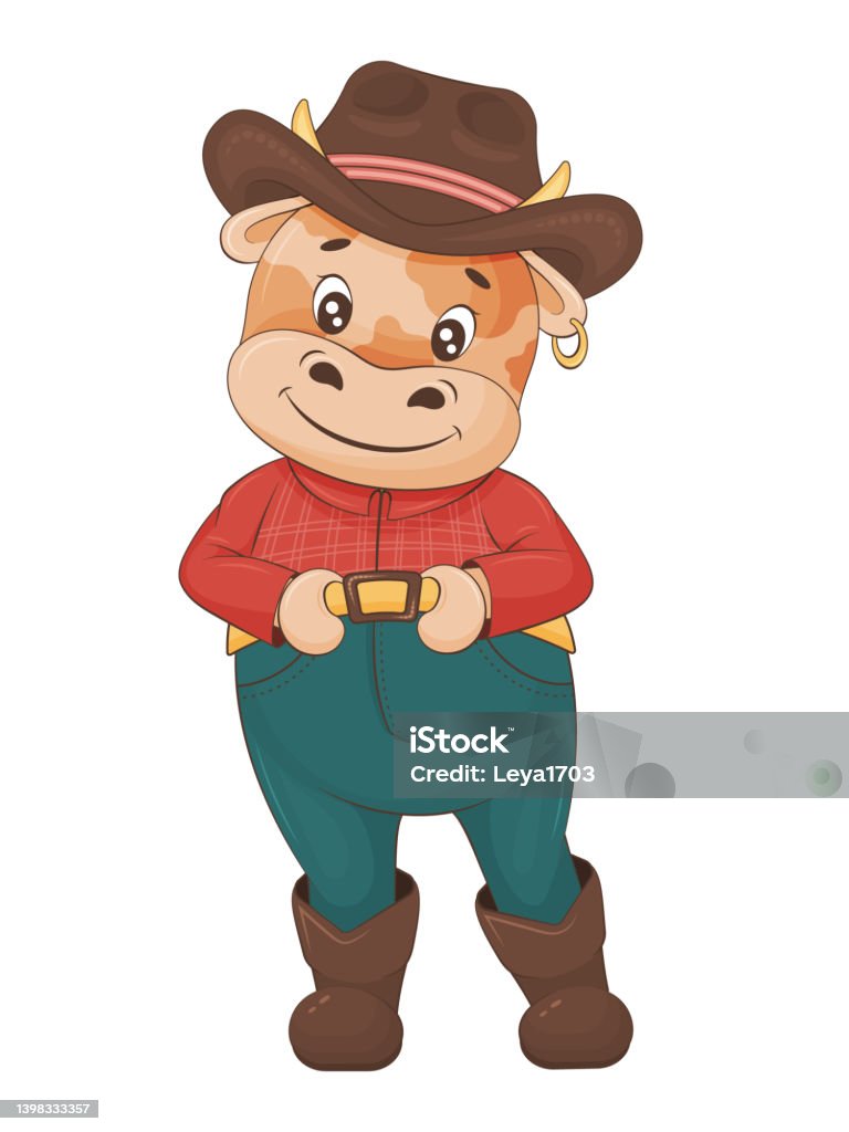 Cute Cowboy Calf Farmer Cartoon Style Children Illustration Isolated On  White Vector Illustration Stock Illustration - Download Image Now - iStock