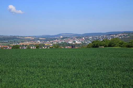 View over meadows and fields to the town of Vaihingen Enz