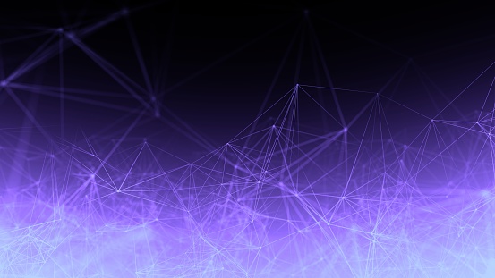 Creative abstract plexus polygon wireframe shapes on purple violet gradient background. Landing Page and web banner 3D illustration concept of networking and decentralized Web 3.0 technology showcase.