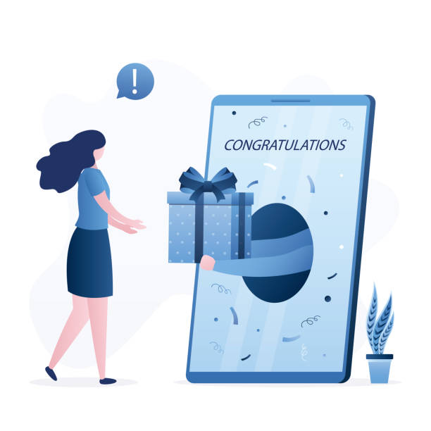 Female character rejoice at gift. Woman receives present and congratulations from mobile store. Cute girl received an email with a win. E-commerce and customer relationships. vector art illustration