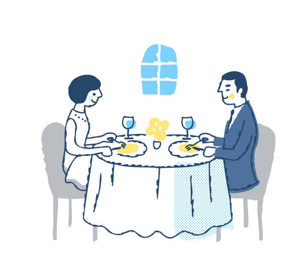 ilustrações de stock, clip art, desenhos animados e ícones de customers eating at a restaurant - restaurant wine table table for two