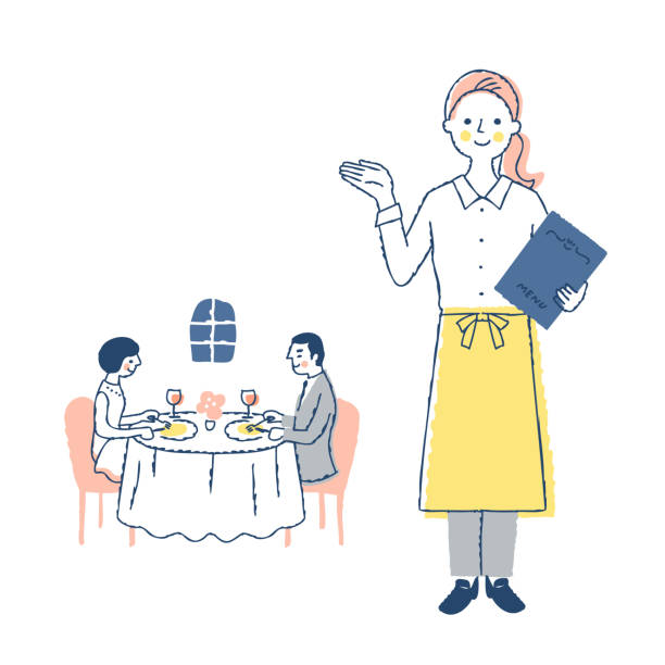 kelnerka restauracji i klienci jedzący - occupation white background young adult bartender stock illustrations