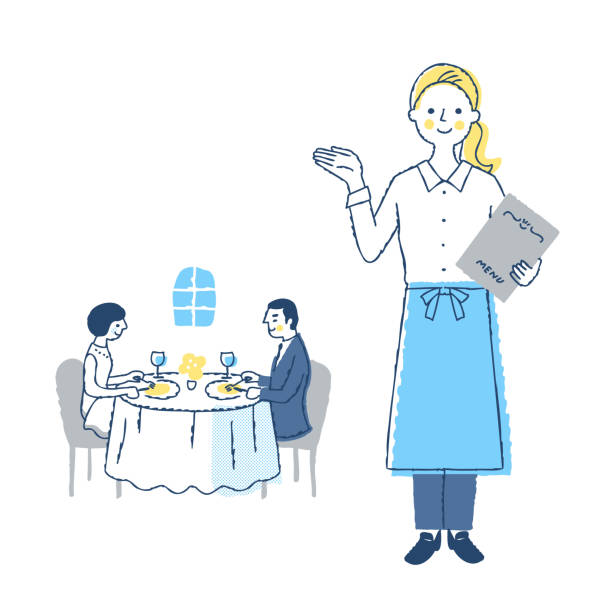 официантка ресторана и клиенты едут - usher stock illustrations