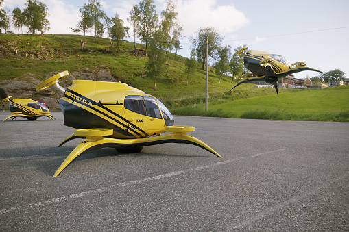 Taxi eVTOL-Electric Vertical Take Off landing on landing pad. (3d render)