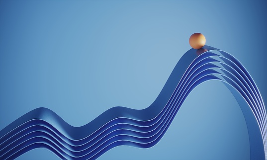 Orange colored ball standing on top of the blue wavy ribbons on blue background, can be used in balance, career growth, money improvement etc. concepts. (3d render)