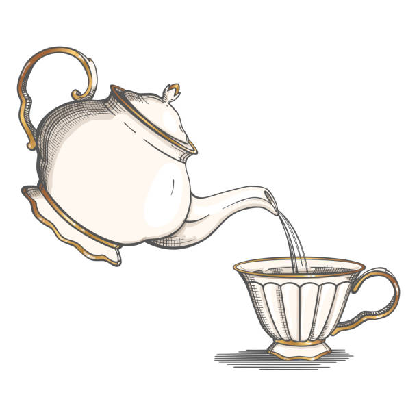 vintage teekanne gießt heißes wasser in eine tasse. isoliert auf weißem hintergrund. vektor-illustration. - teekanne stock-grafiken, -clipart, -cartoons und -symbole