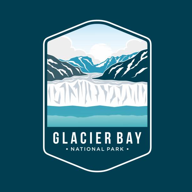 illustrations, cliparts, dessins animés et icônes de illustration de l’emblème de l’icône du parc national et de la réserve de parc national de glacier bay sur fond sombre - us glacier national park