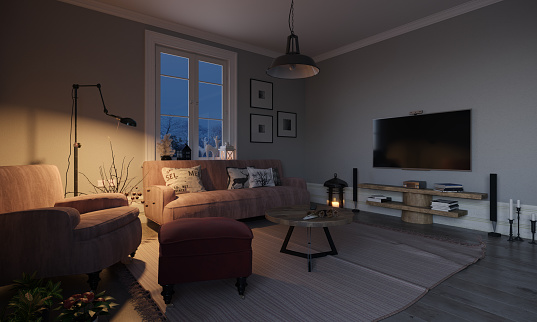 Scandinavian style designed living room interior scene in the evening. (3d render)
