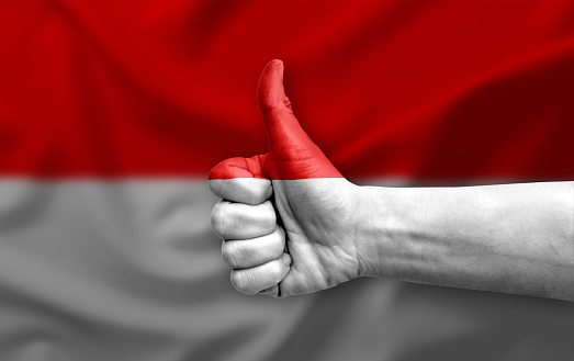 Hand making thumb up painted with flag of indonesia