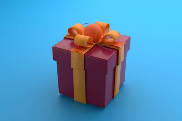 istock Gift box with a bow on a blue background. Red gift with yellow ribbon. 3D render. 1398343239