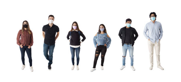 istock Group of latin students standing in line with masks 1398343313