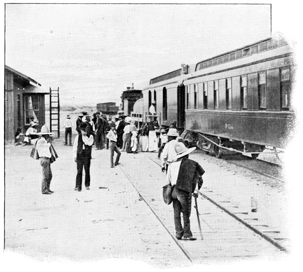 People boarding a train at a railroad station in rural Mexico. Vintage halftone etching circa 19th century.