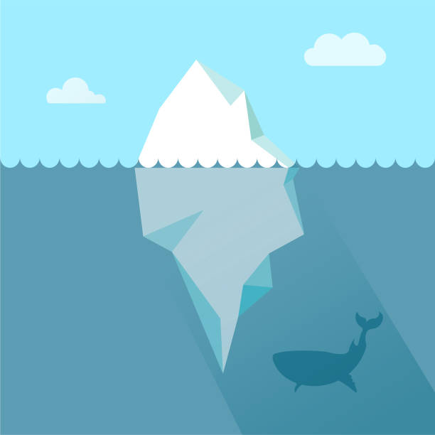 big iceberg floating in ocean with huge underwater part and whale silhouette. - deniz seviyesi stock illustrations