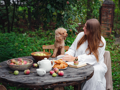 middle aged caucasian woman in white dress enjoying morning coffee in apple orchard sitting at wooden table with her pet poodle