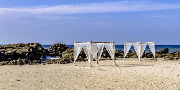 istock White canopies on a rocky beach 1398347214