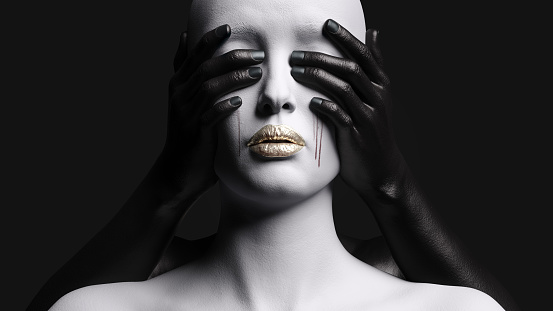 A tearful female figure being blindfolded from behind by a hand on a dark background. 3D illustration.