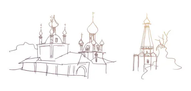 Vector illustration of Church in the ancient Russian style with onion domes and a bell tower with a hipped roof. Gold colored vector traced linear ink and pen sketch