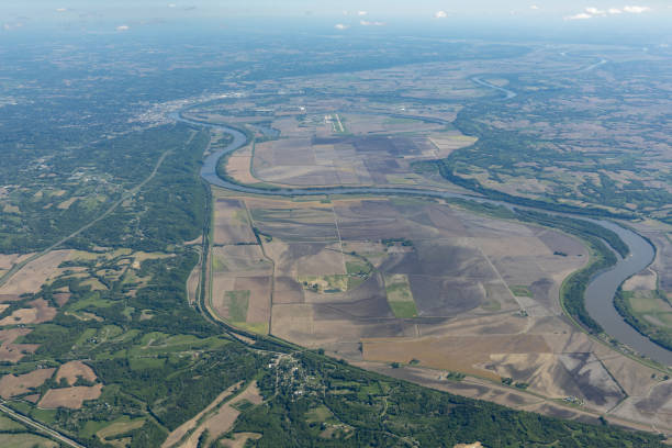 Missouri River Flood Plain Aerial view of Missouri River flood plain near St. Joseph, Missouri, USA. saint joseph stock pictures, royalty-free photos & images