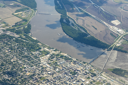 High Altitude Aerial View of Mississippi River at Quincy, Illinois