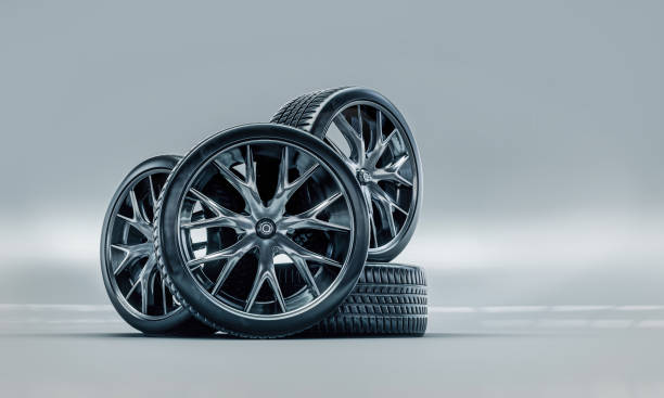 3d render of rubber tires on cast steel rims. Wheel sale concept. Auto repair shops. stock photo