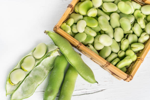 하얀 나무 테이블이나 배경에 신선하고 잘 익은 넓은 콩 - fava bean bean seed 뉴스 사진 이미지